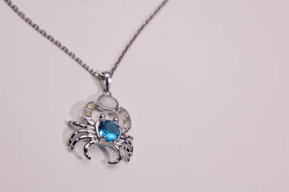 Ocean Crab Opal Necklace,White Gold Plated Copper with Synthetic Opal Inlay and 8mm Blue CZ Center Stone