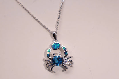 Ocean Crab Opal Necklace,White Gold Plated Copper with Synthetic Opal Inlay and 8mm Blue CZ Center Stone