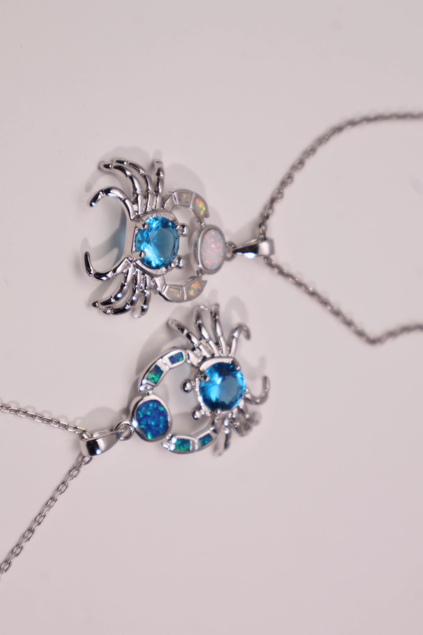 Ocean Crab Opal Necklace,White Gold Plated Copper with Synthetic Opal Inlay and 8mm Blue CZ Center Stone