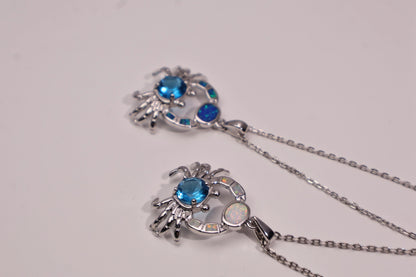 Ocean Crab Opal Necklace,White Gold Plated Copper with Synthetic Opal Inlay and 8mm Blue CZ Center Stone