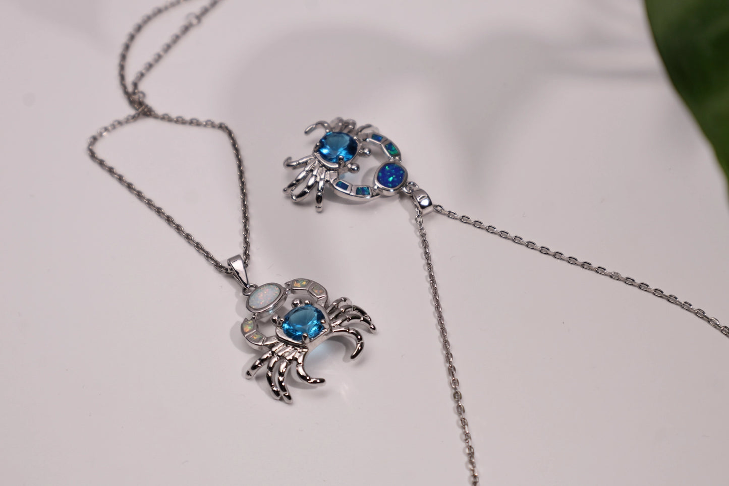 Ocean Crab Opal Necklace,White Gold Plated Copper with Synthetic Opal Inlay and 8mm Blue CZ Center Stone