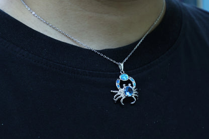 Ocean Crab Opal Necklace,White Gold Plated Copper with Synthetic Opal Inlay and 8mm Blue CZ Center Stone