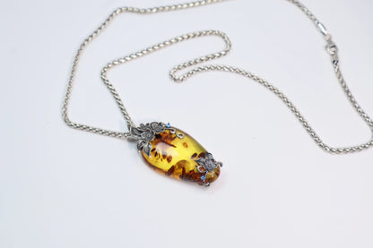 Original Flower Amber Pendant Necklace 925 Sterling Silver