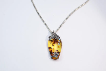 Original Flower Amber Pendant Necklace 925 Sterling Silver
