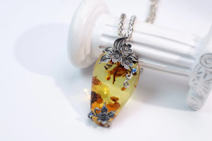 Original Flower Amber Pendant Necklace 925 Sterling Silver