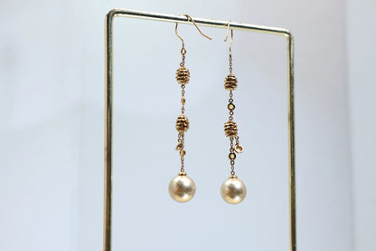 Pinecone Long Gold Pearl Earrings 925