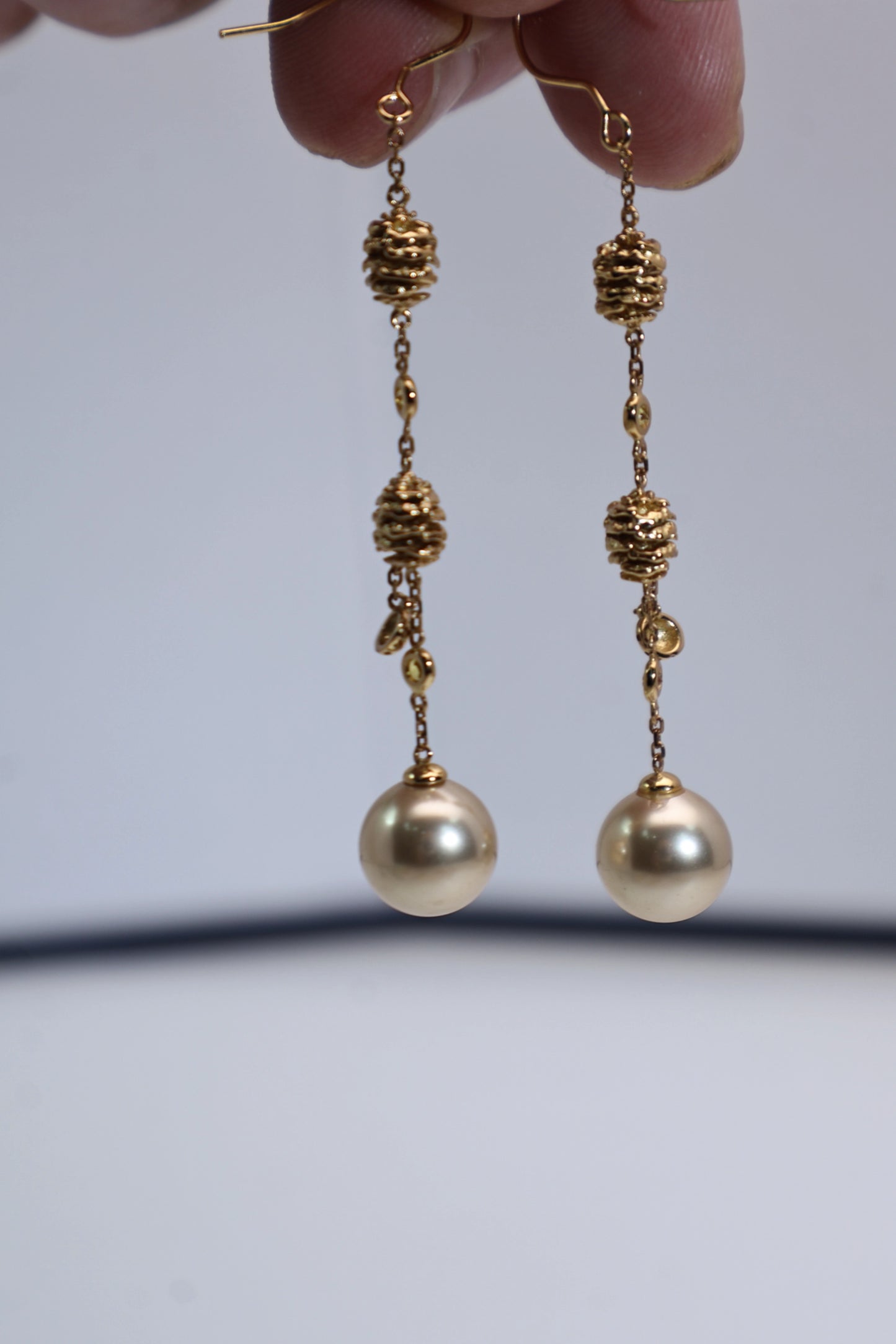 Pinecone Long Gold Pearl Earrings 925