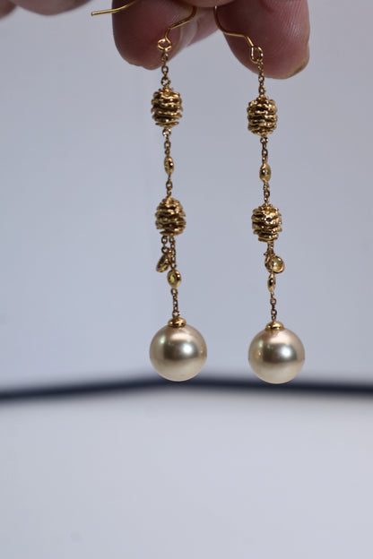 Pinecone Long Gold Pearl Earrings 925
