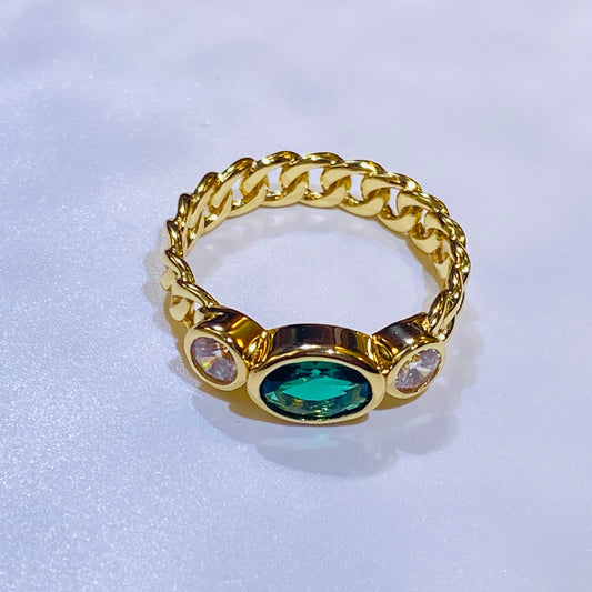 A best-selling design in the US and Europe, this trendy ring features a captivating 5x7mm oval lab-grown emerald. Its timeless appeal is crafted from sterling silver and finished with a brilliant 18K gold plating. The classic yet modern aesthetic is a flattering choice that beautifully complements any skin tone, making it a must-have for a curated jewelry collection.