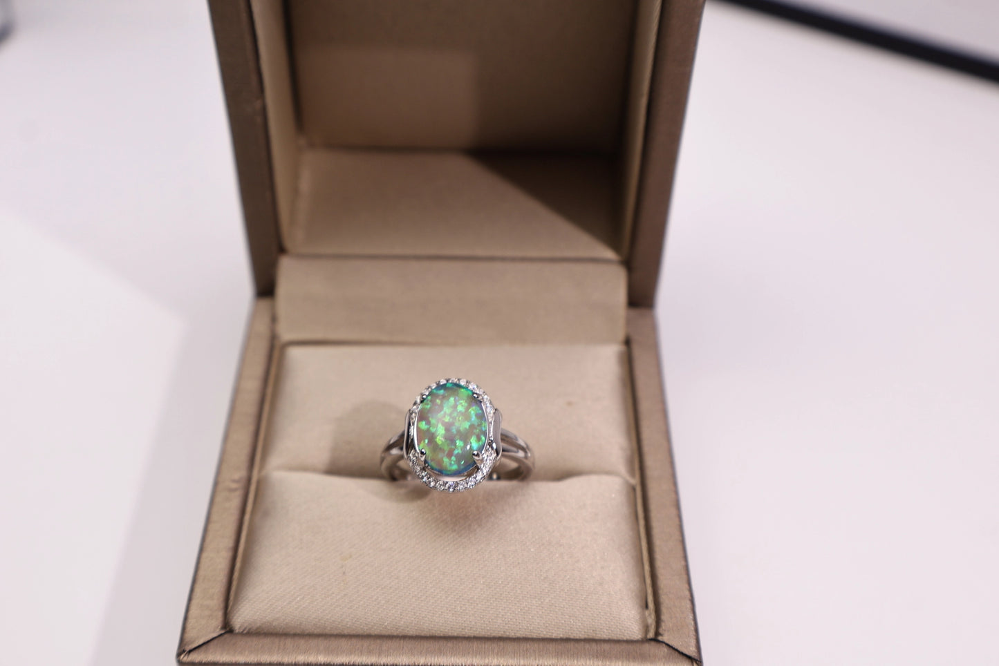 White Gold/Platinum Tone Synthetic Opal Gemstone Ring with 5A CZ Details, Elegant Everyday Statement Ring