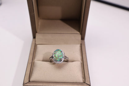 White Gold/Platinum Tone Synthetic Opal Gemstone Ring with 5A CZ Details, Elegant Everyday Statement Ring