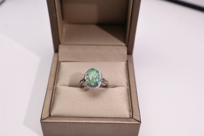 White Gold/Platinum Tone Synthetic Opal Gemstone Ring with 5A CZ Details, Elegant Everyday Statement Ring