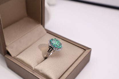 White Gold/Platinum Tone Synthetic Opal Gemstone Ring with 5A CZ Details, Elegant Everyday Statement Ring