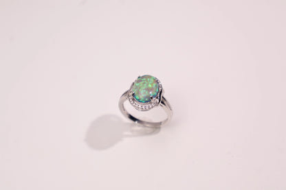 White Gold/Platinum Tone Synthetic Opal Gemstone Ring with 5A CZ Details, Elegant Everyday Statement Ring