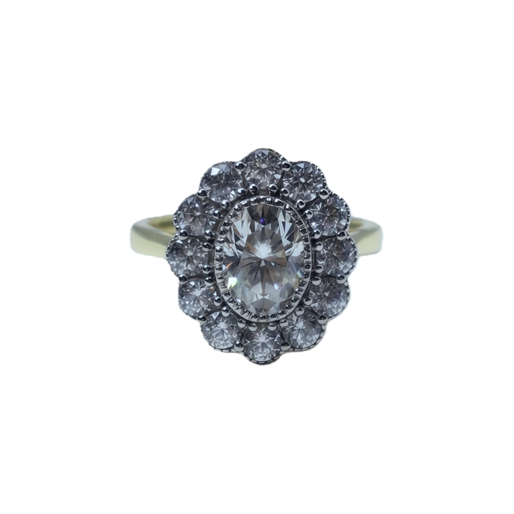 Garnet, moissanite, and blue spinel navel-shaped flower ring