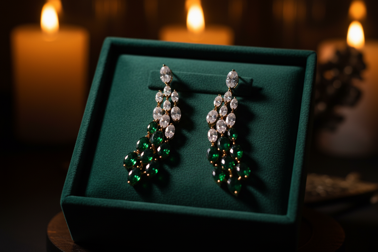 Emerald green oval gemstone cascade drop earrings on forest green velvet tray, luxury jewelry scene, Bo Cheng Jewelry