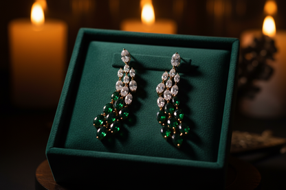 Emerald green oval gemstone cascade drop earrings on forest green velvet tray, luxury jewelry scene, Bo Cheng Jewelry