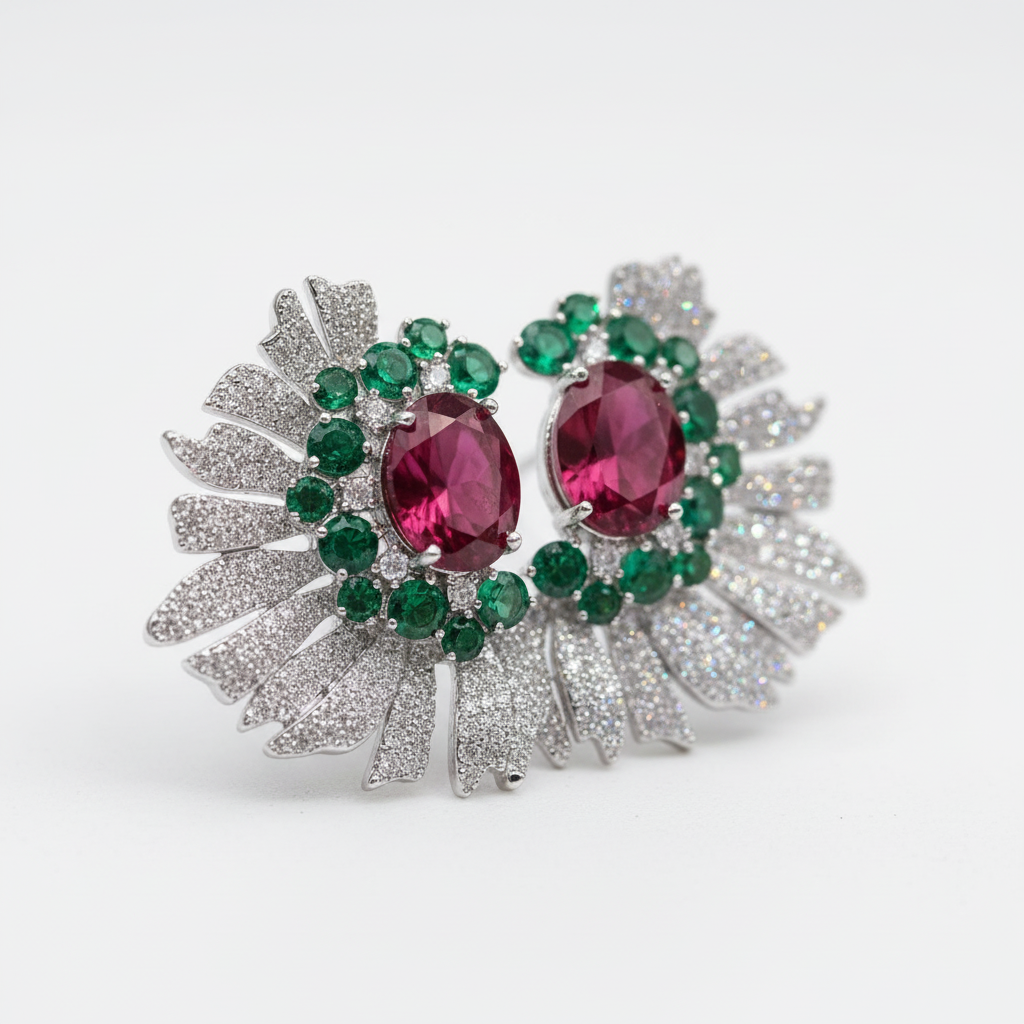 Ruby and emerald sunburst pavé CZ stud earrings side angle detail, silver plated