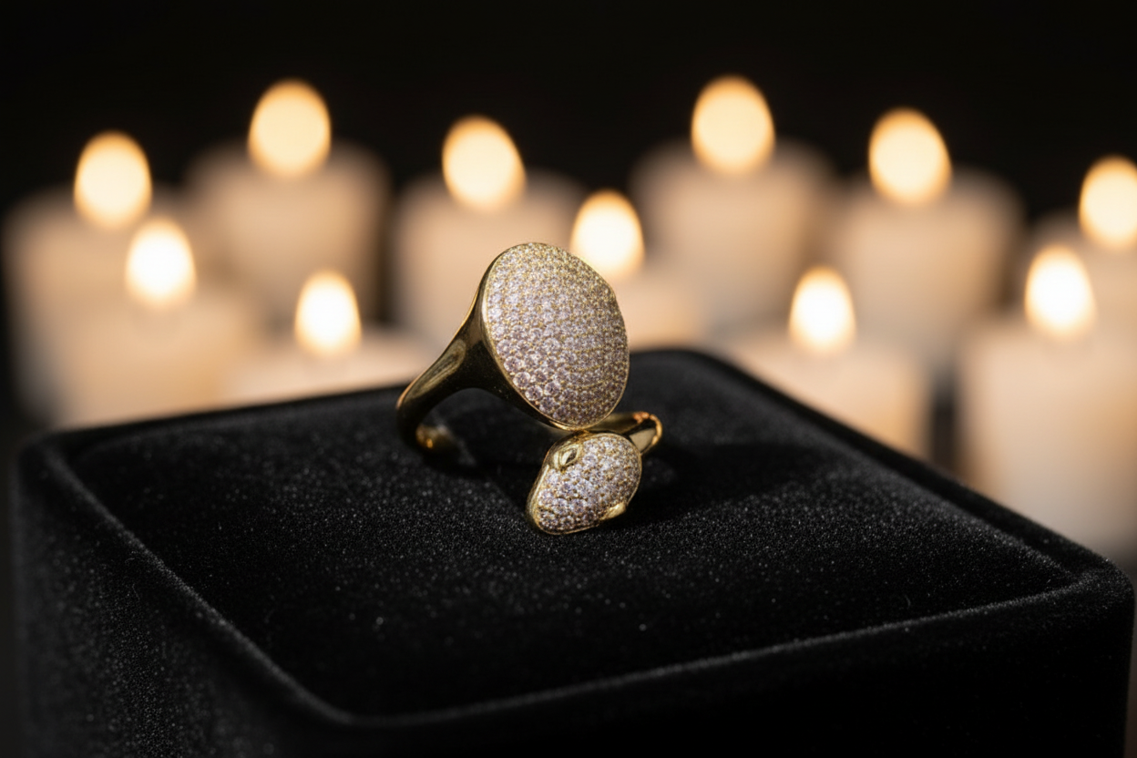 Gold double-head snake pavé CZ ring on black velvet tray, luxury jewelry scene, Bo Cheng Jewelry