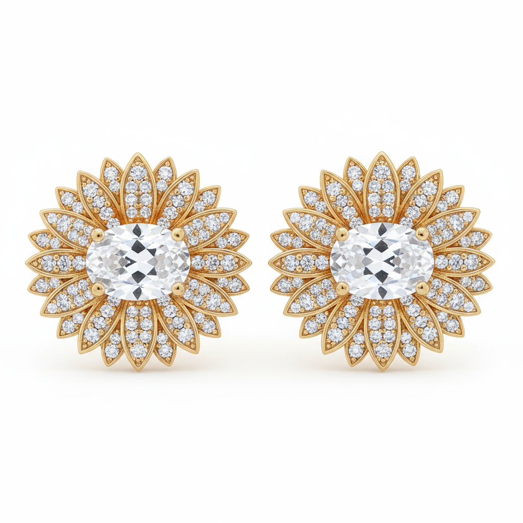 Gold yellow pavé CZ sunburst stud earrings, white background product photo, gold plated