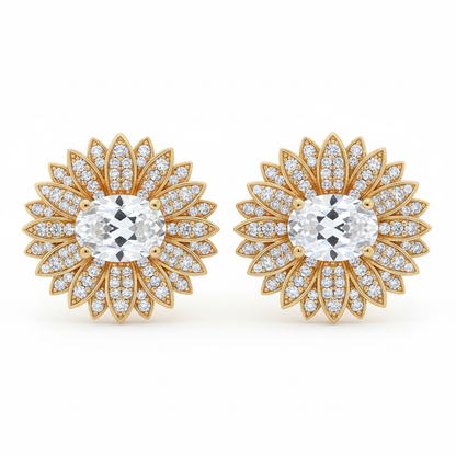 Gold yellow pavé CZ sunburst stud earrings, white background product photo, gold plated