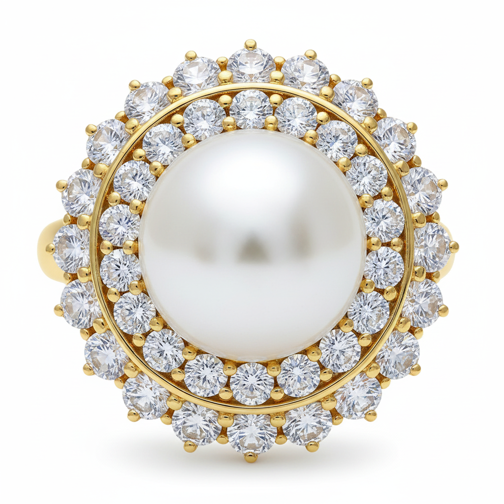 Gold double halo concave CZ white pearl cocktail ring top-down detail, two concentric CZ rows