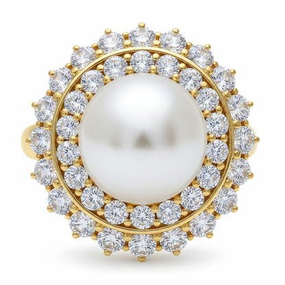 Gold double halo concave CZ white pearl cocktail ring top-down detail, two concentric CZ rows