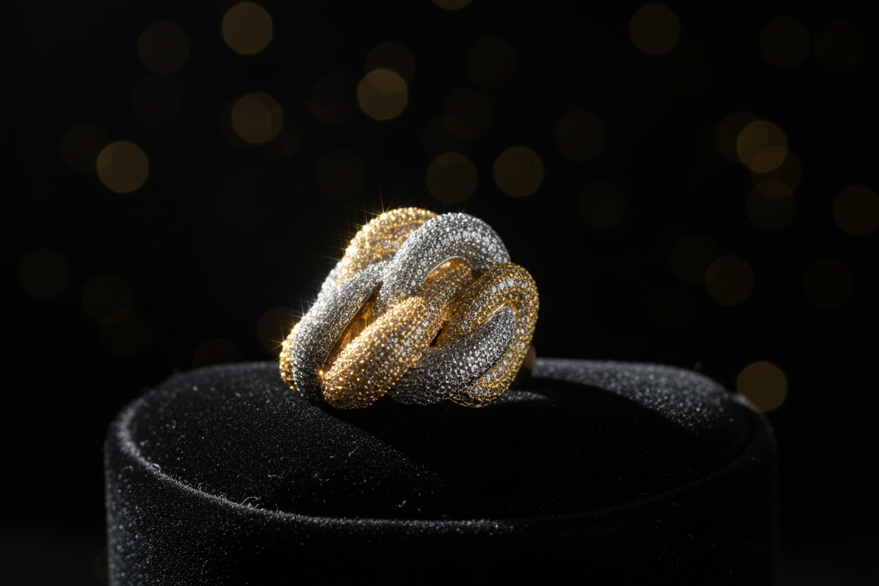Two-tone pavé CZ knot ring on black velvet, moody Middle East luxury jewelry editorial, Bo Cheng Jewelry