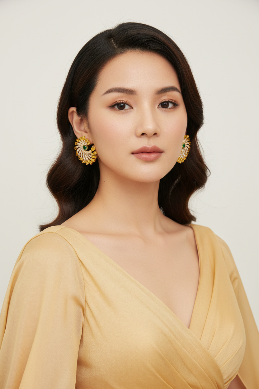 Model wearing gold pinwheel spiral pavé CZ stud earrings, luxury jewelry editorial
