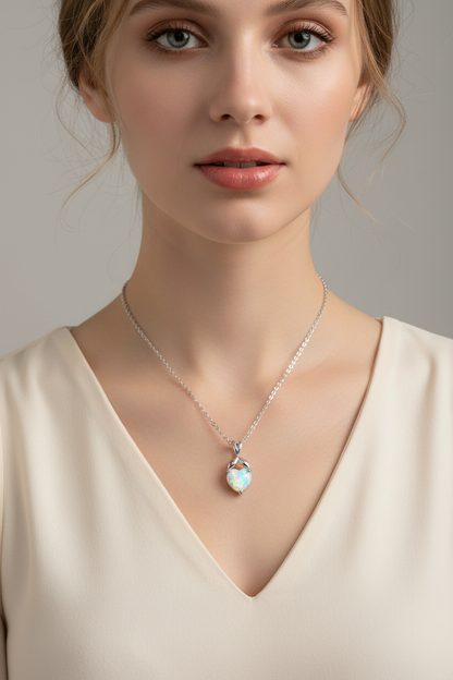 Model wearing heart white fire opal bow pendant necklace, rainbow play-of-color visible at collarbone, feminine jewelry editorial