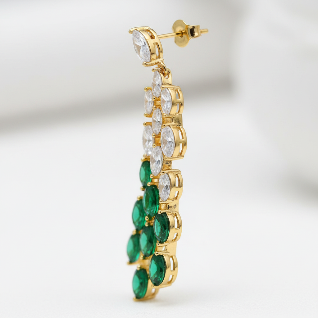 Emerald green oval CZ cascade drop earrings side angle detail, two-tone gradient design, gold plated