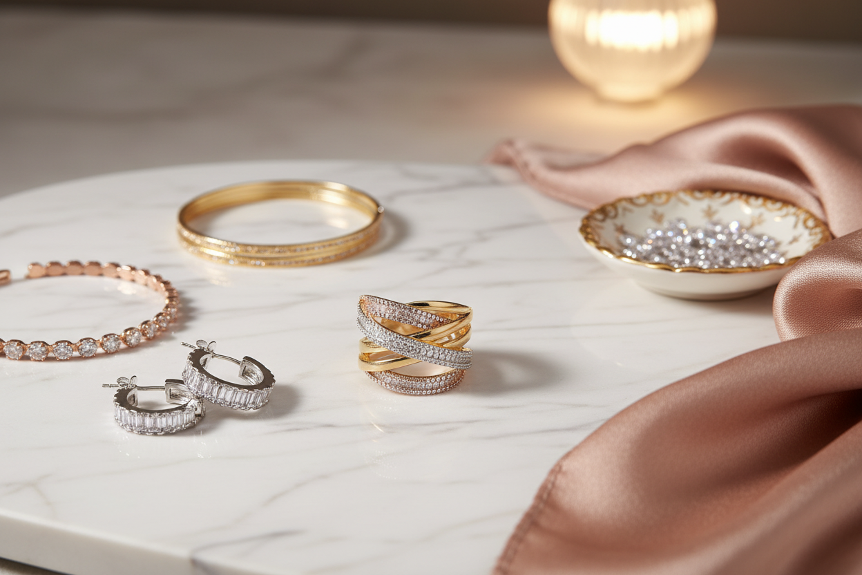 Tri-color gold crossover wave ring on marble surface with gold accessories, lifestyle jewelry photography