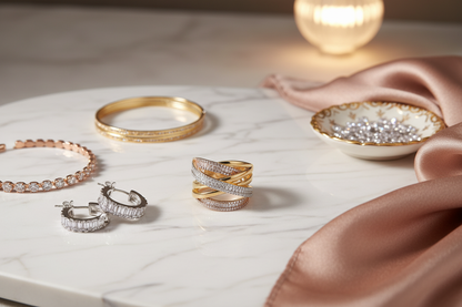 Tri-color gold crossover wave ring on marble surface with gold accessories, lifestyle jewelry photography