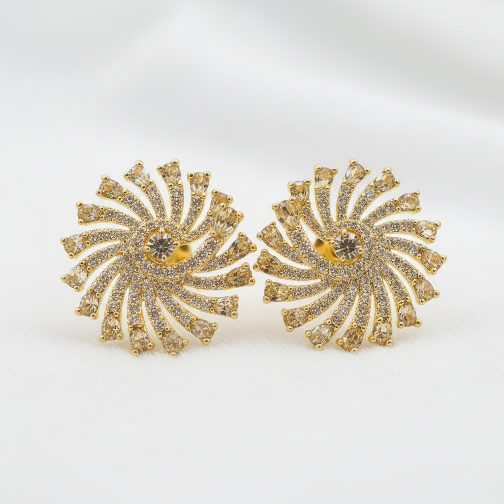 Gold yellow pavé CZ pinwheel spiral stud earrings side angle detail