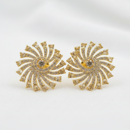 Gold yellow pavé CZ pinwheel spiral stud earrings side angle detail