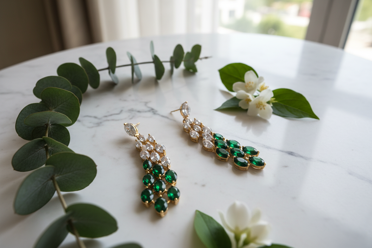 Emerald green CZ cascade drop earrings on marble surface with green leaves and white flowers, lifestyle jewelry photography