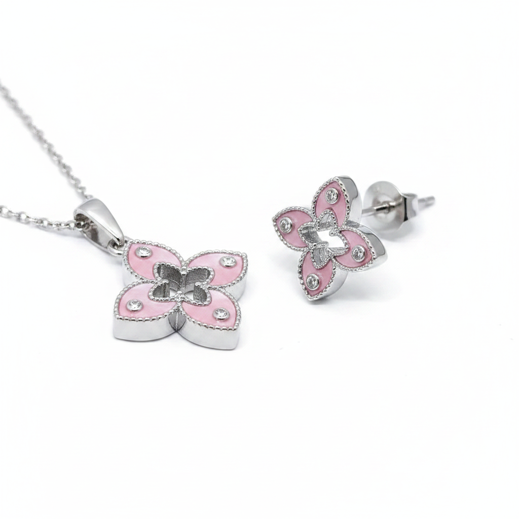 Pink MOP flower pendant necklace and stud earrings side detail view, showing layered construction and silver cable chain