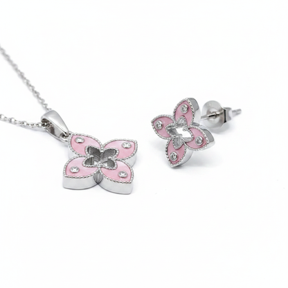 Pink MOP flower pendant necklace and stud earrings side detail view, showing layered construction and silver cable chain
