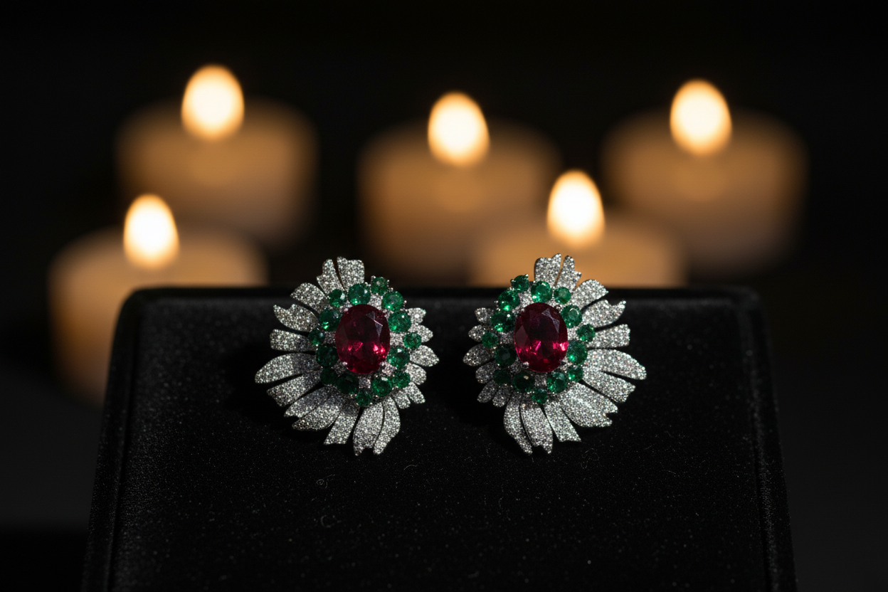 Ruby and emerald sunburst pavé CZ stud earrings on black velvet tray, luxury jewelry scene, Bo Cheng Jewelry