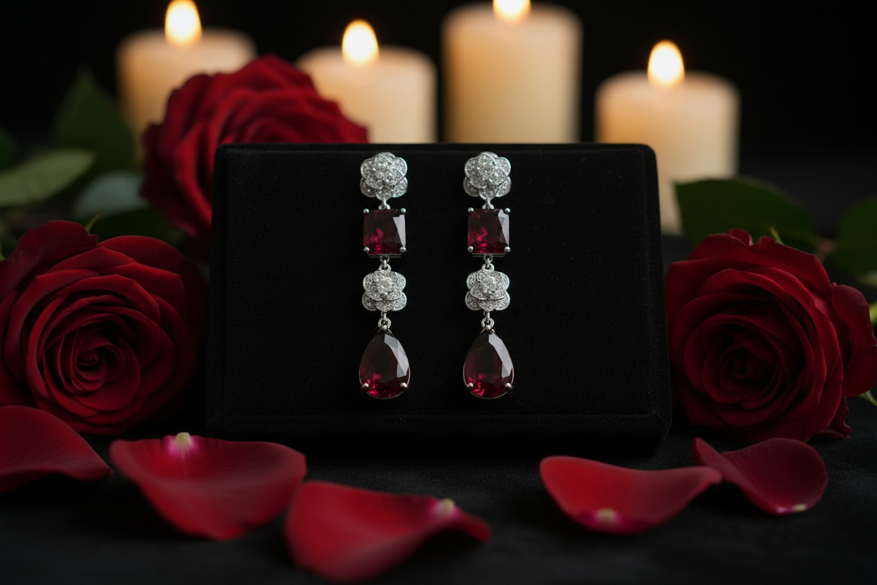 Ruby red teardrop emerald pavé rose drop earrings on black velvet tray, luxury jewelry scene, Bo Cheng Jewelry