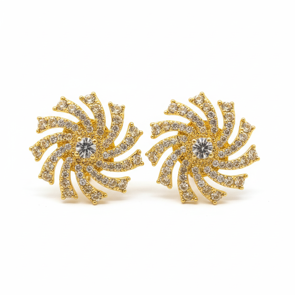 Gold yellow pavé CZ pinwheel spiral stud earrings pair, front detail view