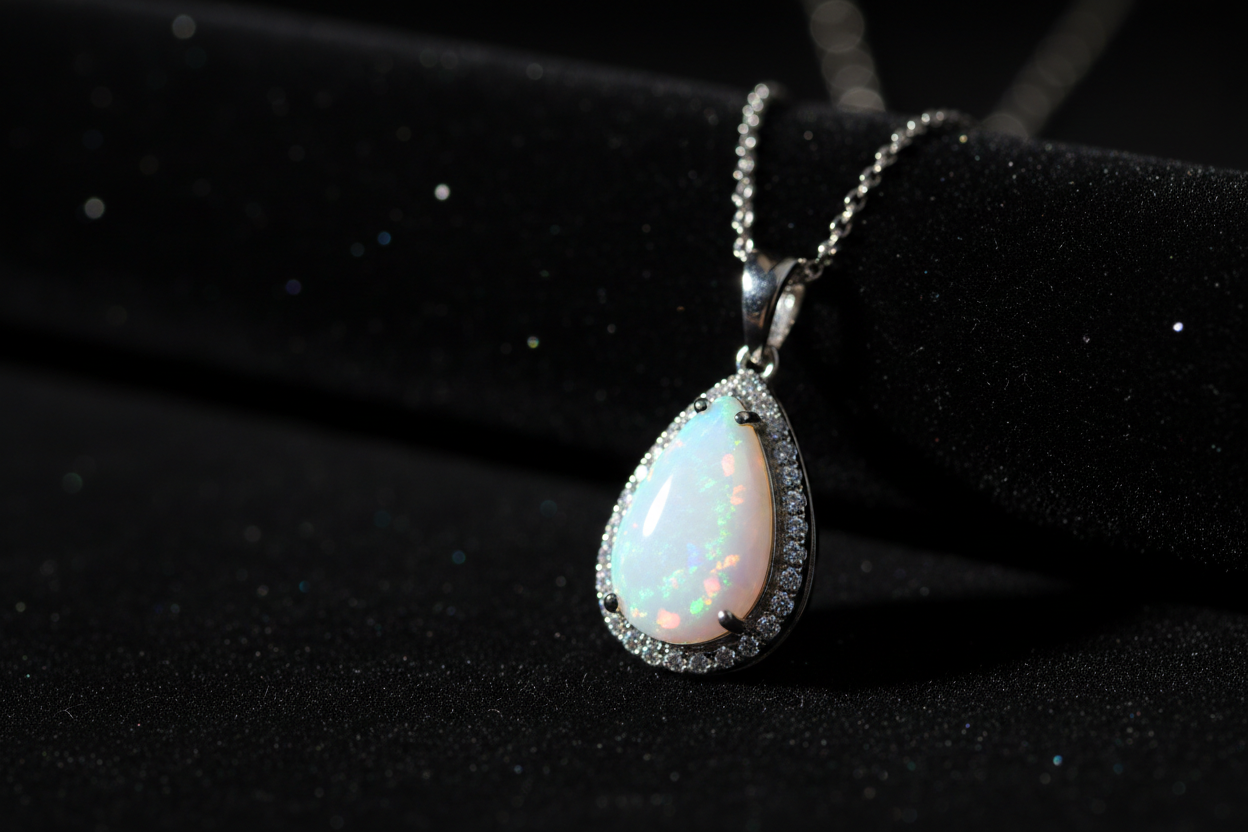 Teardrop white fire opal pendant necklace on black velvet, magical rainbow play-of-color glow, moody luxury jewelry editorial