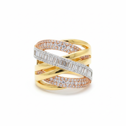 Tri-color gold crossover wave pavé CZ wide band ring front detail, yellow rose white gold bands