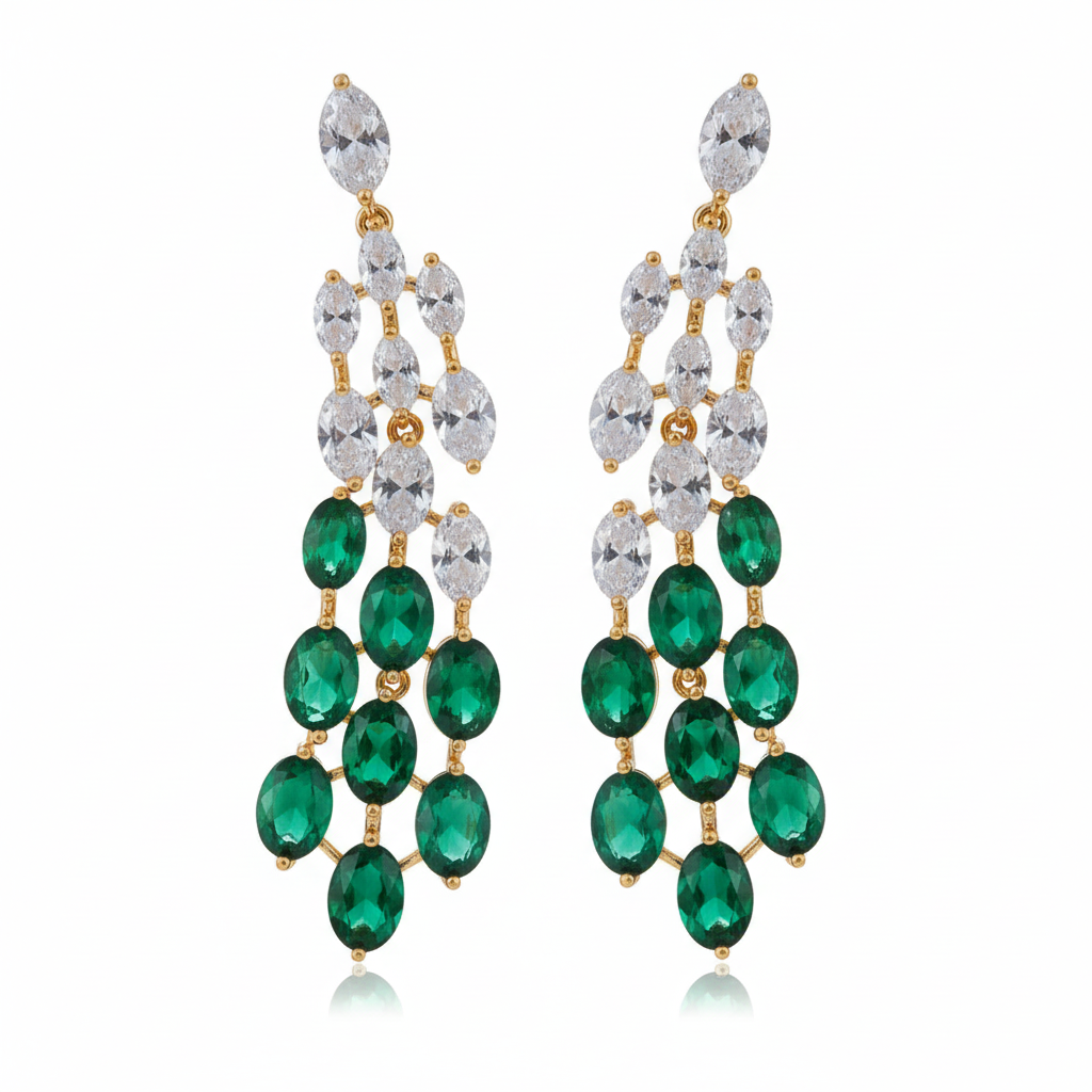 Emerald green and clear CZ cascade drop earrings pair, front detail view, 18K gold plated