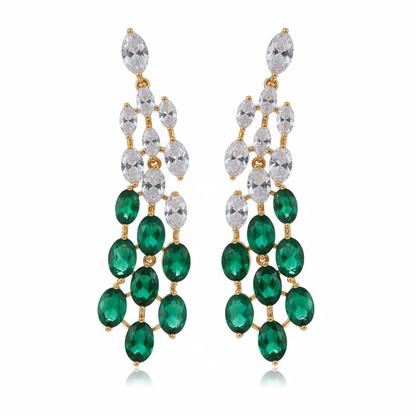 Emerald green and clear CZ cascade drop earrings pair, front detail view, 18K gold plated
