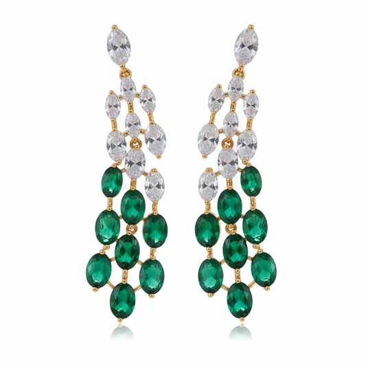 Emerald green and clear CZ cascade drop earrings pair, front detail view, 18K gold plated