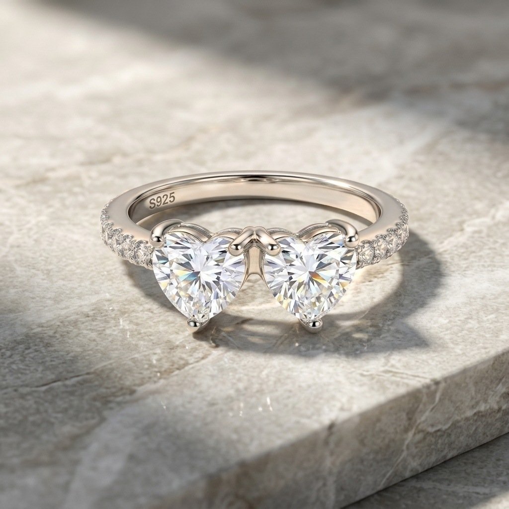 925 Silver Double Heart Ring | Moissanite or CZ