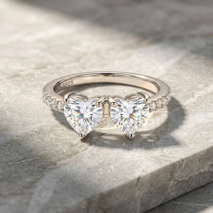 925 Silver Double Heart Ring | Moissanite or CZ