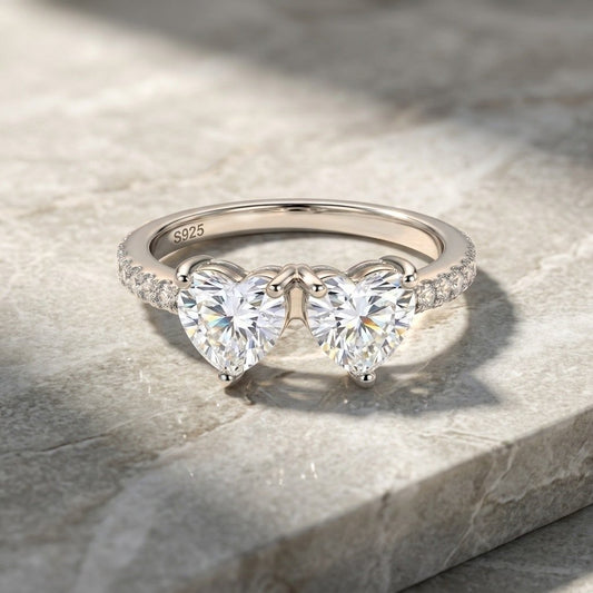 925 Silver Double Heart Ring | Moissanite or CZ