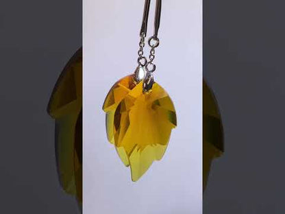 925 Silver Yellow Crystal Maple Leaf Dangle Earrings